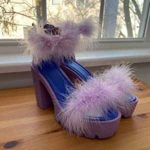 Womens Platform Faux Feather Sandals Chunky Heel Open Toe Ankle Strap
